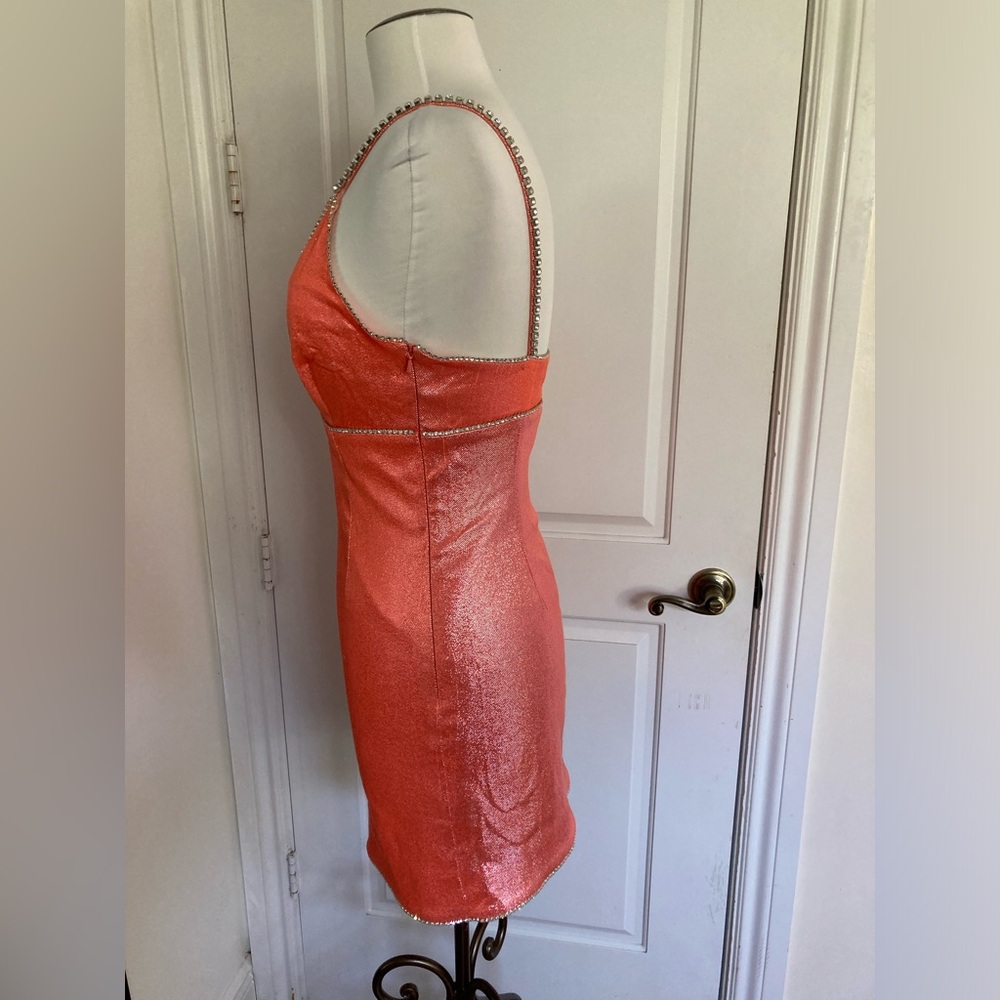 AREA Mini Dress in Crystals Embellished Trim & Metallic Coral - Picture 9 of 16